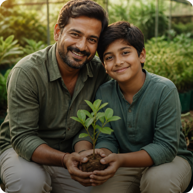 Father and son holding a sapling
